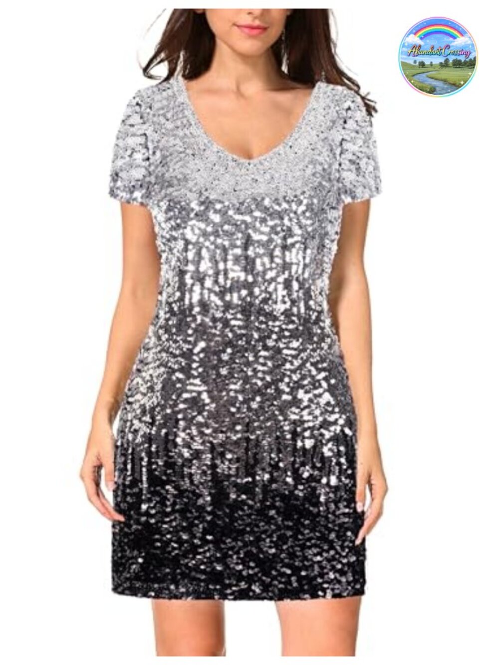 Sequin Glitter V Neck Short Sleeve Mini Bodycon Party Club Dress